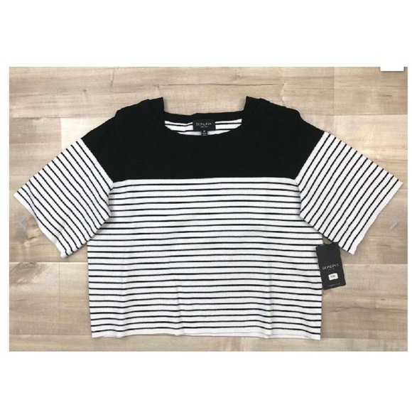 Rondina $195 Boat Neck Crop Knit Top Striped Black - Picture 2 of 12
